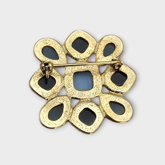 Blue Cat’s Eye Flower Brooch Gold Tone Statement Vintage Style Pin - Picture 2 of 4